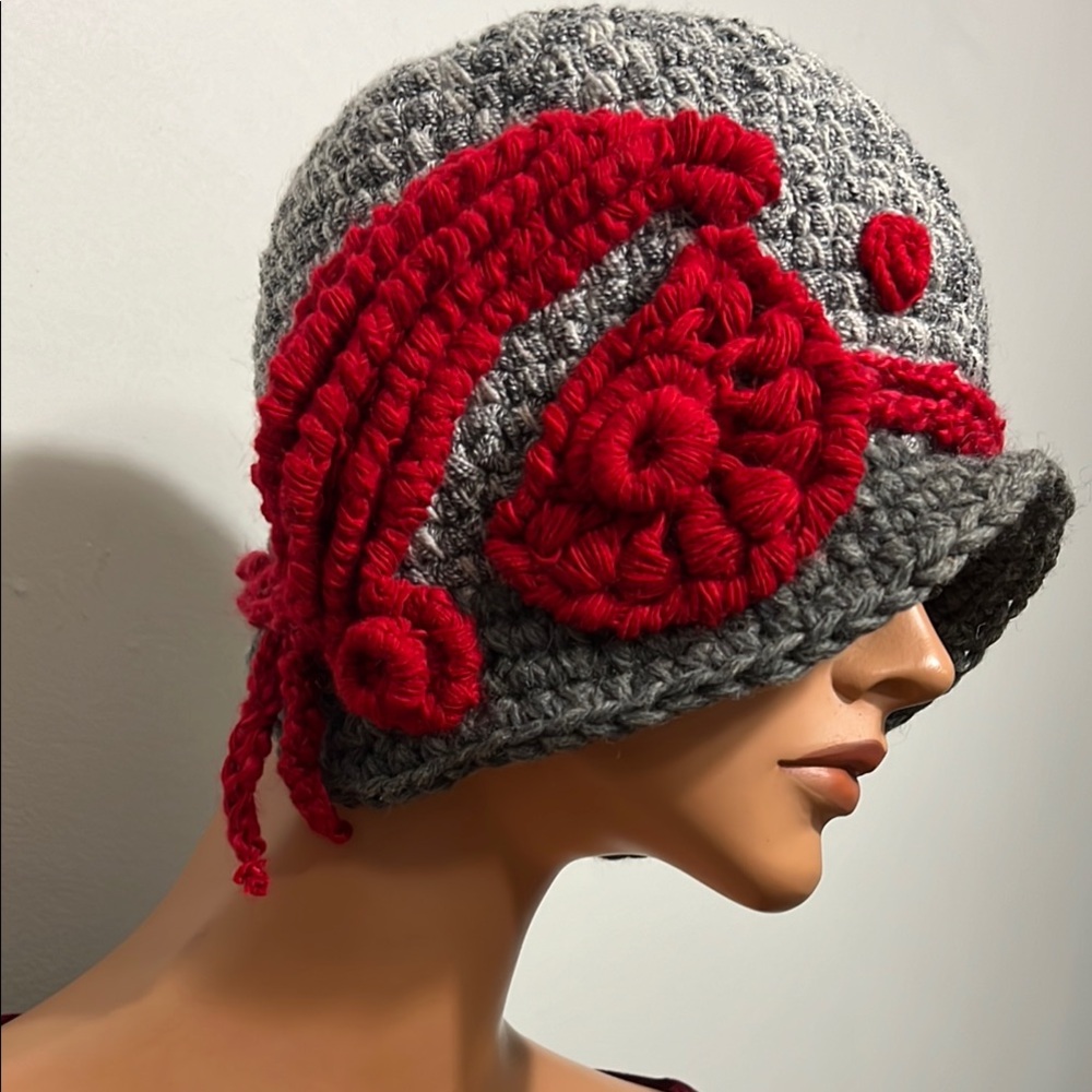 Elegant Gray and Red Crochet Cloche Hat  Irish accent